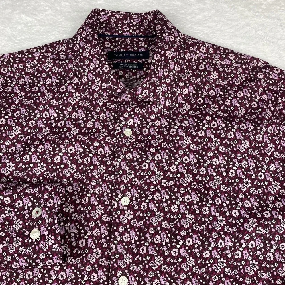 Banana Republic Shirt Mens 16-32/33 Burgundy Floral Print Slim Fit Stretch